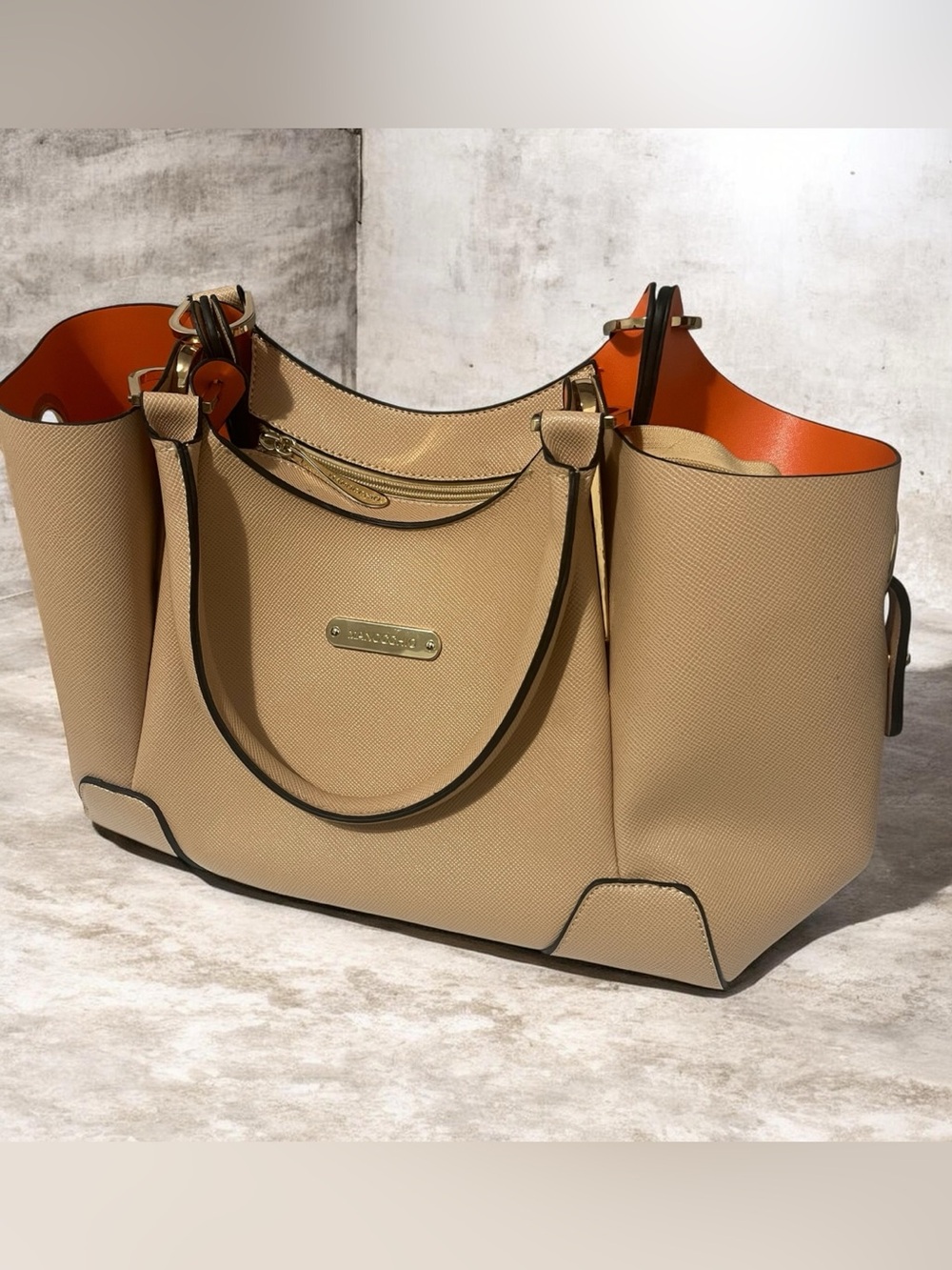 Manocchio Structured Beige Tote with Orange Interior and Gold Plaque